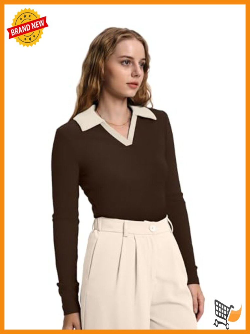 Long Sleeve Polo Shirt Ribbed Knit Slim Fit Business Casual Blouse - Picture 3 of 6
